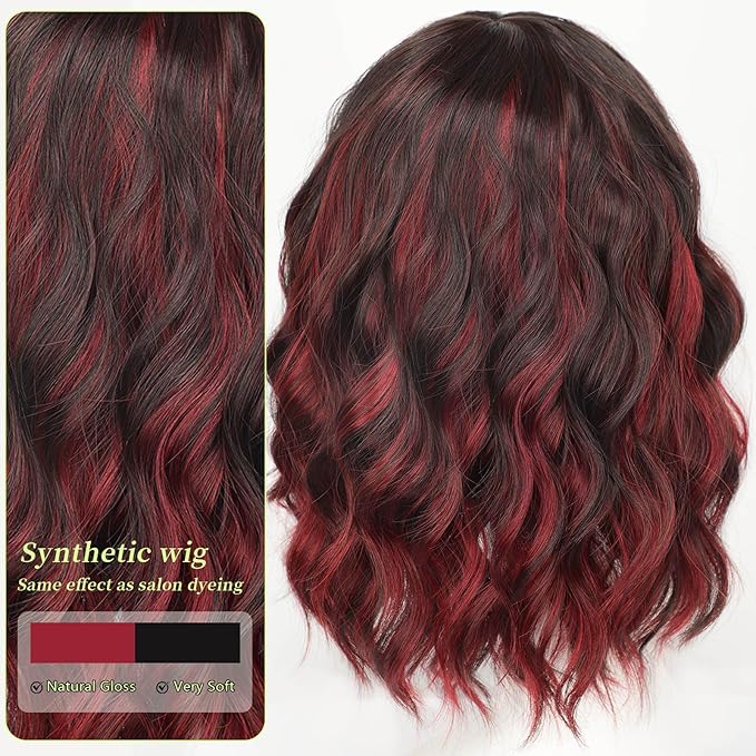 AISI HAIR Synthetic Wavy Curly Bob Wig with Bangs Brown Mix Wine Red Short Hair for Women Synthetic Heat Resistant Bob Wigs