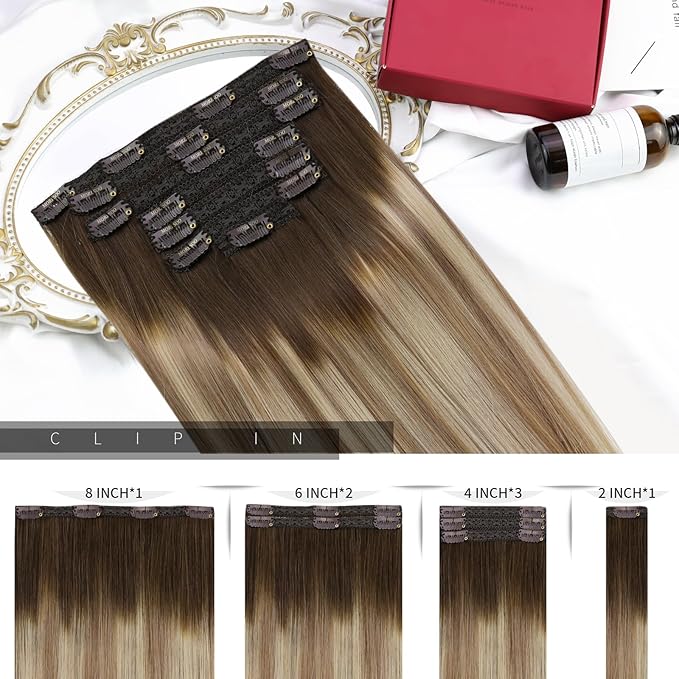 Moresoo Balayage Clip in Hair Extensions Remy Double Weft Hair Extensions Clip in Human Hair Ombre Brown to Light Brown with Golden Blonde 7Pcs 120G 22inch