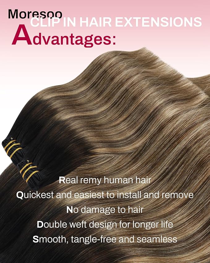 Moresoo Clip in Hair Extensions Real Human Hair Balayage Double Weft Human Hair Clip in Extensions Ombre Black to Brown with Caramel Blonde Full Head Set 7Pcs 120G 18inch