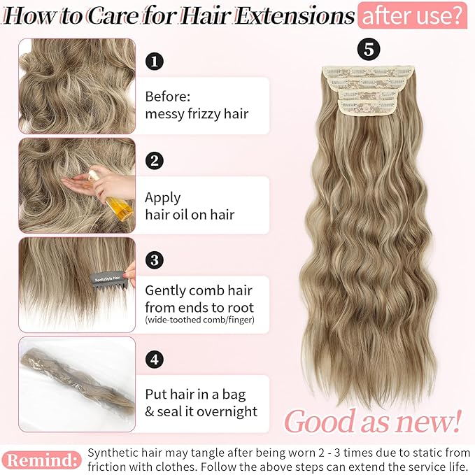 KooKaStyle Clip in Hair Extensions Long Wavy 4PCS Thick Hairpieces Synthetic Ash Blonde Balayage Fiber Double Weft Natural Hair Extensions for Women 24 Inch Daily Use