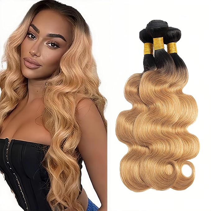 28 30 32 Inch Honey Blonde Bundles Human Hair Ombre Body Wave Bundle Brazilian Virgin Remy Hair Extensions Double Weft 2 Tone Black and Blonde Body Wave Bundle Hair Weave 150g
