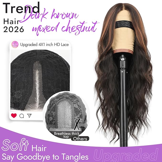 Dark Brown Mixed Chestnut Wig for Women Long Wavy 4x1 Lace Natural Hairline Glueless for Beginners Middle Part Synthetic for Daily Party Use 26Inch