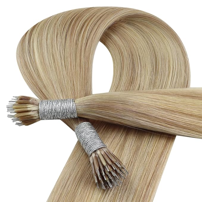 YoungSee 24inch Nano Ring Hair Extensions Human Hair Dark Ash Brown Highlights Golden Blonde Real Human Hair Long Straight Nano Blonde Hair Extension Adding Length Pre Bonded Hair 50g 50s