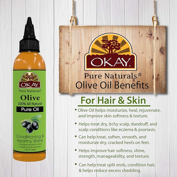 OKAY 100% Pure Natural Olive Oil for Skin & Hair - Cold Pressed Olive Oil for Skin Care, After Shower Body Moisturizer for Women & Men, Use for Massage, Hair Health - 4 Fl Oz (Pack of 1)