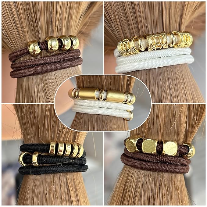 Brown Bracelet Hair Ties for Women, 5 Pack Cute 3mm Thick Elastic Ponytail Holders Accessories No Damage Stretchy Beaded Pony Tails Hair Ties with Gold Metal Charms Beads
