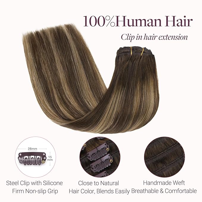 GOO GOO Clip in Hair Extensions Real Human Hair, Remy Human Hair Extensions Clip ins for Women, Natural Human Hair, 16inch 150g 9Pcs, 4/27/4 Balayage Chocolate Brown to Caramel Blonde