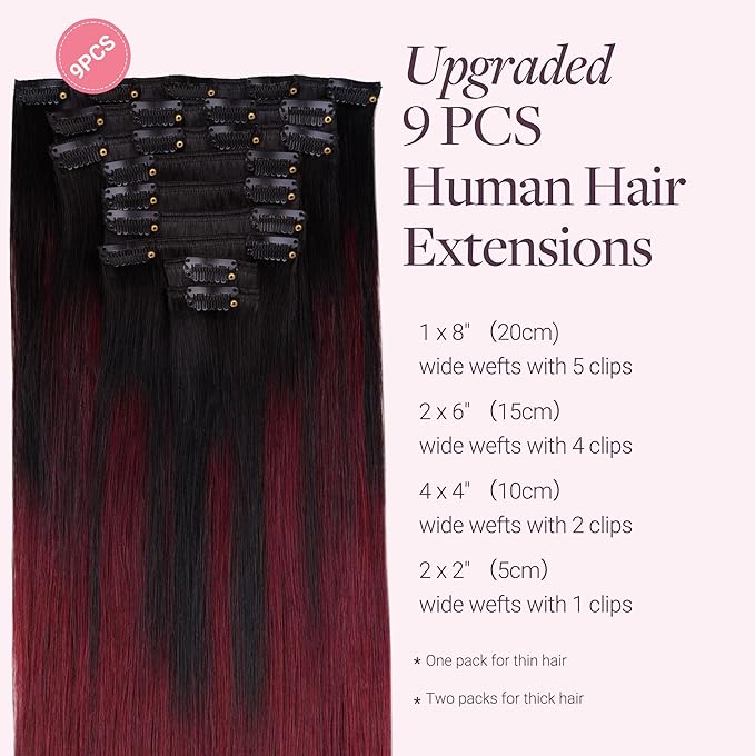 GOO GOO Clip in Hair Extensions Real Human Hair, Remy Human Hair Extensions Clip ins for Women, Natural Human Hair, 22inch 150g 9 Pcs, #1/99j Balayage Jet Black to Red