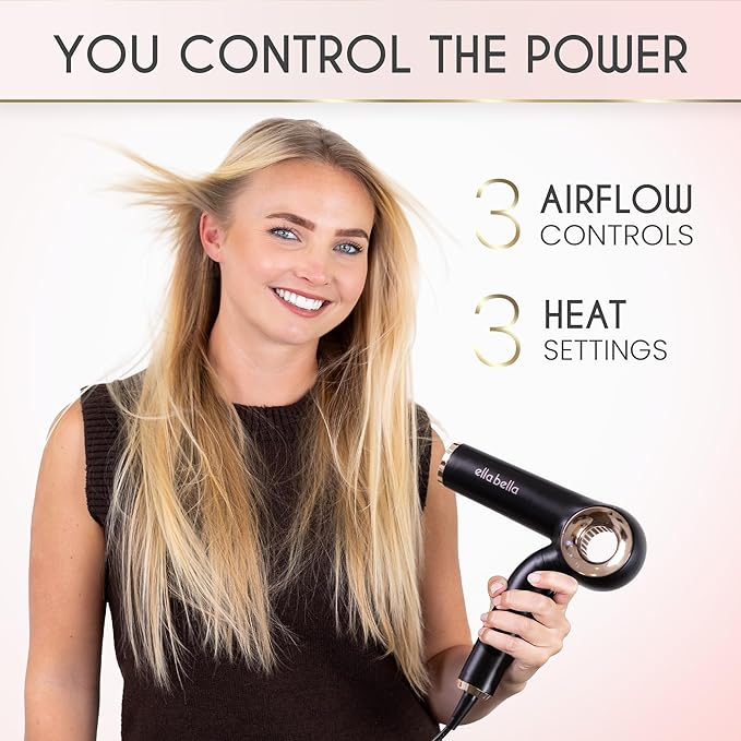 ELLA BELLA® Professional Ionic Hair Dryer (Foldable) • Negative Ion Blow Dryer • Perfect for Travel • Intelligent Heat Control & Rapid Drying Speeds • Lightweight Design • Low Noise Technology