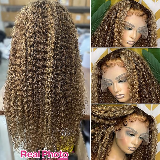CYNOSURE 13x5 Highlight Ombre Deep Wave Curly Lace Front Wigs Human Hair 26Inch Honey Blonde Deep Curly Wig HD Transparent Lace Frontal Wigs Pre Plucked 180 Density Human Hair for Women