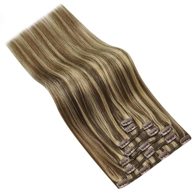 Ve Sunny Human Hair Clip in Extensions Brown Highlights Clip in Hair Extensions Real Human Hair Brown with Blonde Thick End Remy Hair Clip Extensions for Women 120g 16inch 7Pcs