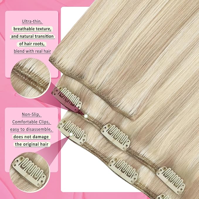YoungSee 150G Blonde Clip in Hair Extensions Human Hair Ash Blonde Clip in Extensions Real Human Hair Warm Ash Blonde Highlights Hair Extensions Clip ins Ease of Use 20In 7Pcs