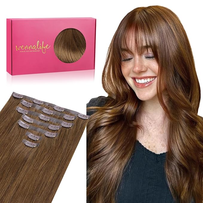 WENNALIFE Seamless Clip In Hair Extensions Human Hair, 20 Inch 150g 7pcs Light Auburn Brown Real Hair Extensions Clip in Human Hair Invisible PU Skin Weft Natural Remy Human Hair Extensions