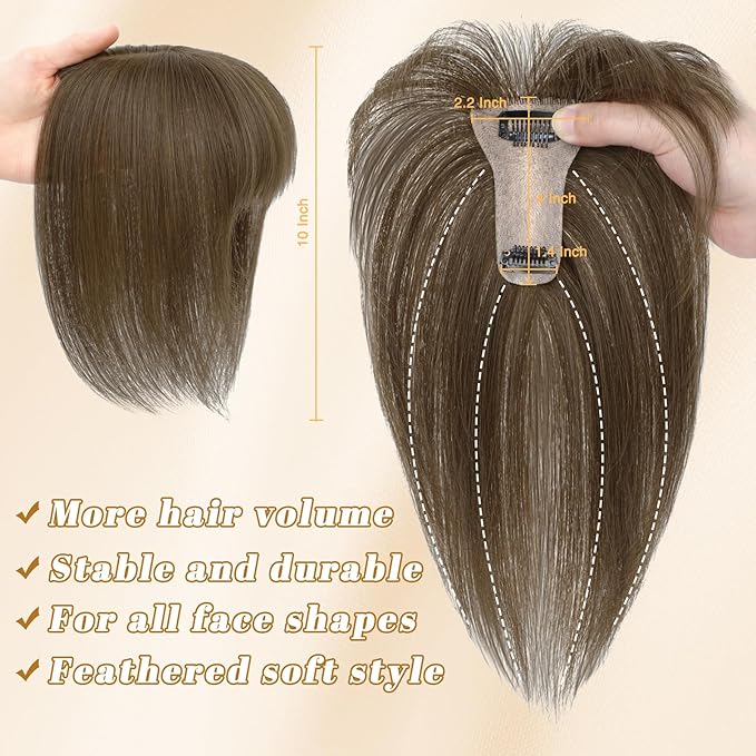 NAYOO Hair Toppers for Women Real Human Hair, 360° Cover Clips in Full Fringe Fake Bangs Hair Pieces for Women Girls Daily Wear(Brown)