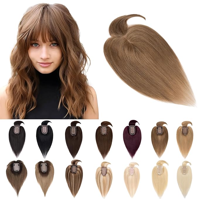SEGO Hair Toppers for Women Real Human Hair With Bangs, 7 * 13CM Silk Base 100% Remy Human Hair Clip in Top Wiglet Hairpieces Add Volume -12 Inch Light Brown