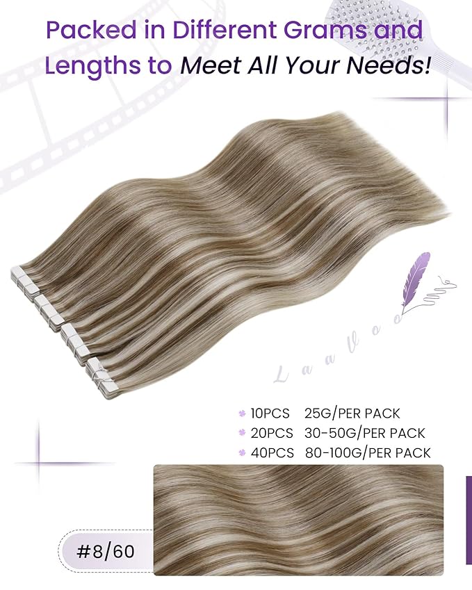 LaaVoo Hair Extensions Tape in Human Hair Invisible Tape in Hair Extensions Brown with Blonde Highlights18 Inch 40pcs 100 grams