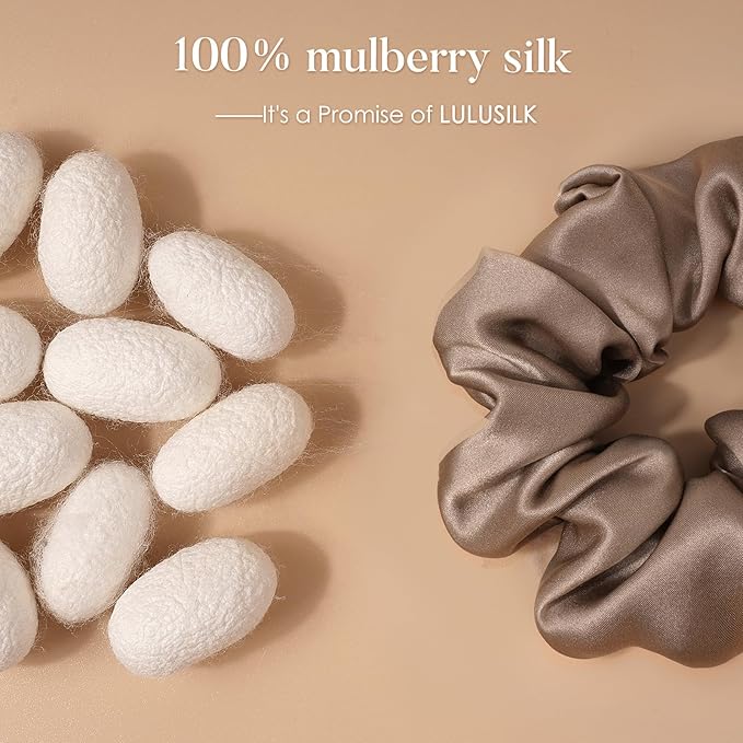 LULUSILK Silk Scrunchies for Hair Sleep, 100% Real Mulberry Silk, No Damage Hair Ties for Women and Girls, Black White and Light Brown, Pack of 3