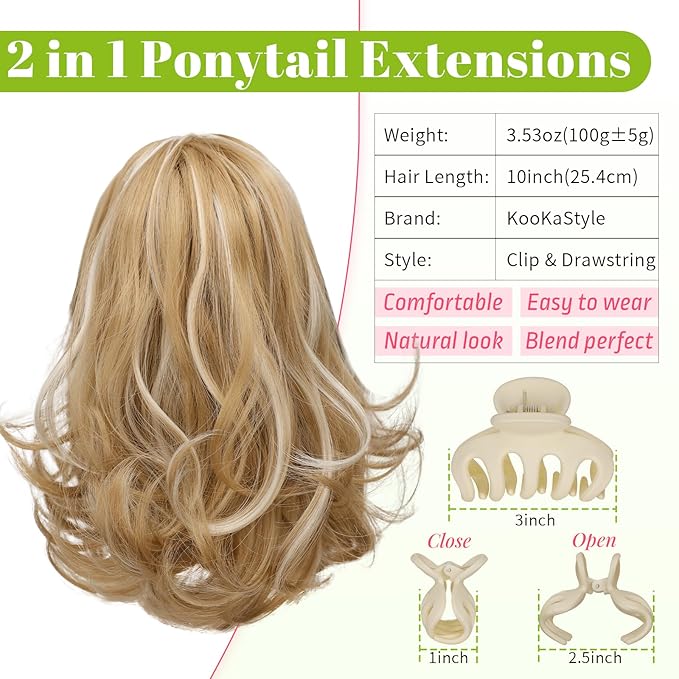 KooKaStyle Ponytail Extension, 10" Short Claw Clip in Pony Tails Hair Extensions Curly Wavy Synthetic Drawstring Hairpieces for Women Honey Blonde with Ash Blonde Highlights