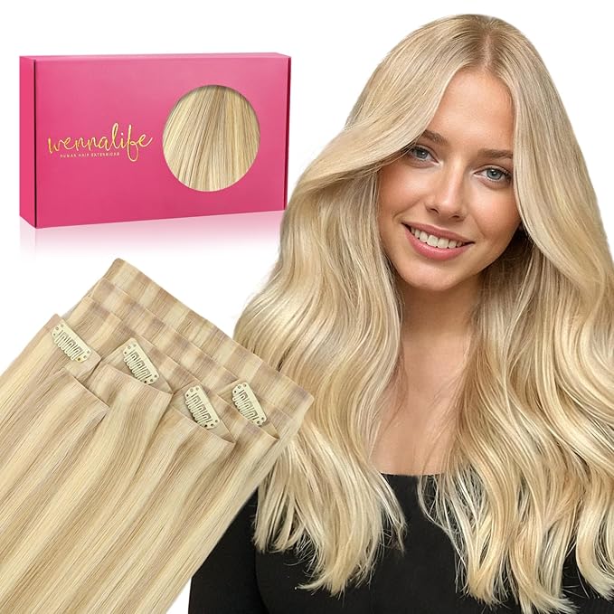 WENNALIFE Invisi Edge & Classic Seamless Clip in Hair Extensions Real Human Hair, 18 Inch 130 7pcs Light Blonde Highlighted Golden Blonde Hair Extensions for Women Invisible Straight Injection
