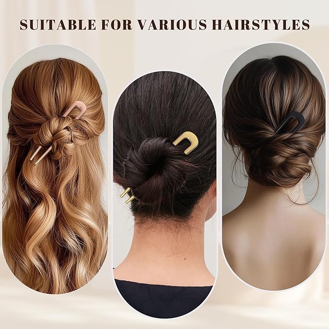 6Pcs Metal French Hair Pins for Women U Shape Sticks 3.9 Inch Vintage Fork for Hairstyle Accessories(Black/Gold/Rosegold)
