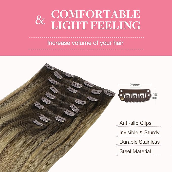 GOO GOO Clip in Hair Extensions Real Human Hair, Remy Human Hair Extensions Clip ins for Women, Natural Human Hair, 24inch 150g 9Pcs, #4/27/4 Balayage Chocolate Brown to Caramel Blonde