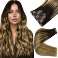 Full Shine Balayage Clip in Hair Extensions 16 Inch Ombre Dark Brown to Light Brown with Caramel Blonde Remy Human Hair with Thick Ends Clip ins 8 PCS 120 Grams
