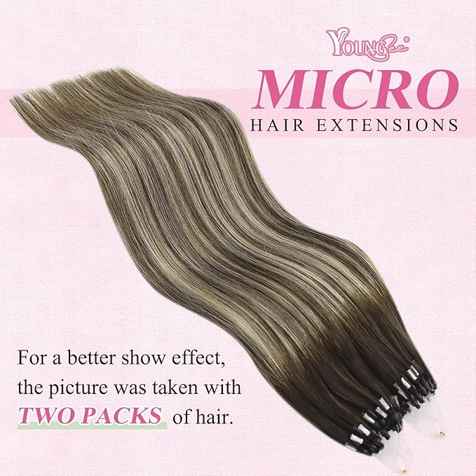 YoungSee Microlink Hair Extensions Human Hair Balayage Micro Bead Hair Extensions Human Hair Dark Brown Roots Ombre Blonde Bead Hair Extension 18In 50g 50s Remy Extension for Thin Hair