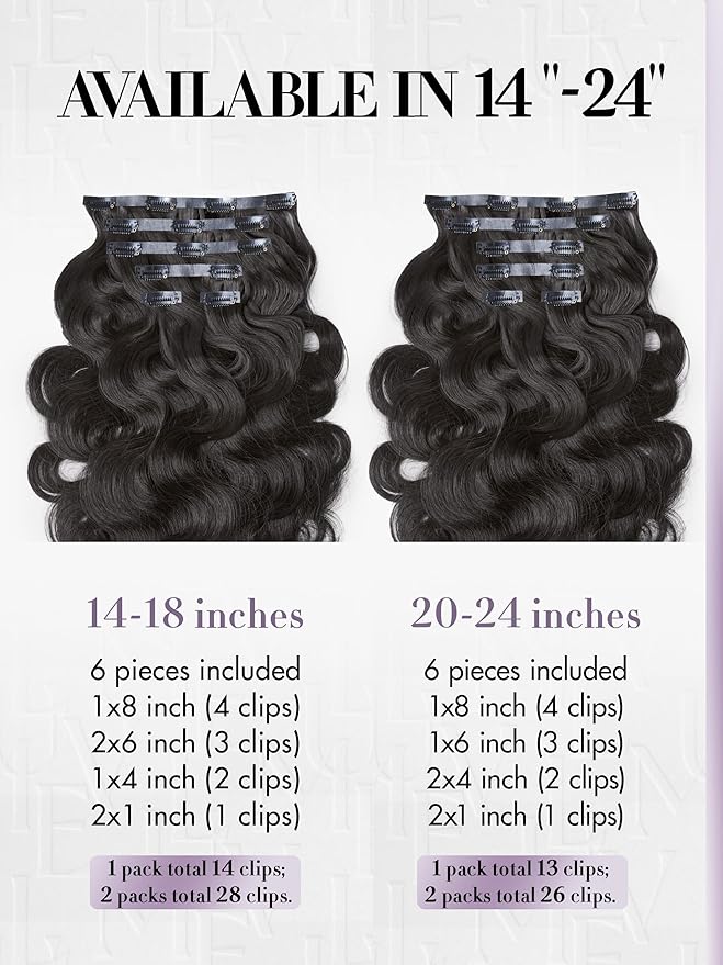 LUVME Invisible Clip in Hair Extensions,Body Wave 16 Inch 2 Pack 220g 12pcs Human Hair Invisible Clip ins Hair Extensions Natural Black Hair for Women