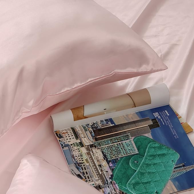 Blush Pink Satin Pillowcase Queen Size Set of 2 for Hair and Skin, Blush Pink Silk Pillowcase Breathable Pillowcase with Envelope Closure