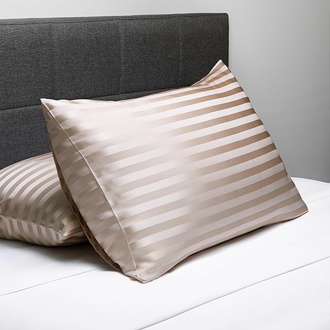 Fishers Finery 25mm 100% Pure Mulberry Silk Pillowcase Set (Taupe Stripe King 2 Pack)