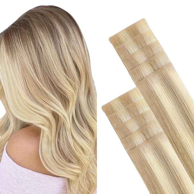 GOO GOO Invisi Edge Tape in Hair Extensions Human Hair, 18A/613A Dark Blonde Highlighted Bleach Blonde, 10pcs 16inch 25g, Virgin Remy Hair, Seamless Injected Tape, Natural Look