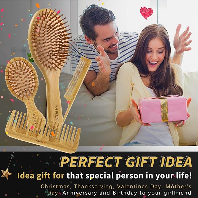 MRD Hair Brush Set, Natural Bamboo Comb Paddle Detangling Hairbrush, Wide-tooth and tail comb No Bristle, suit for Women Men and Kids Thick/Thin/Curly/Dry Hair Gift kit