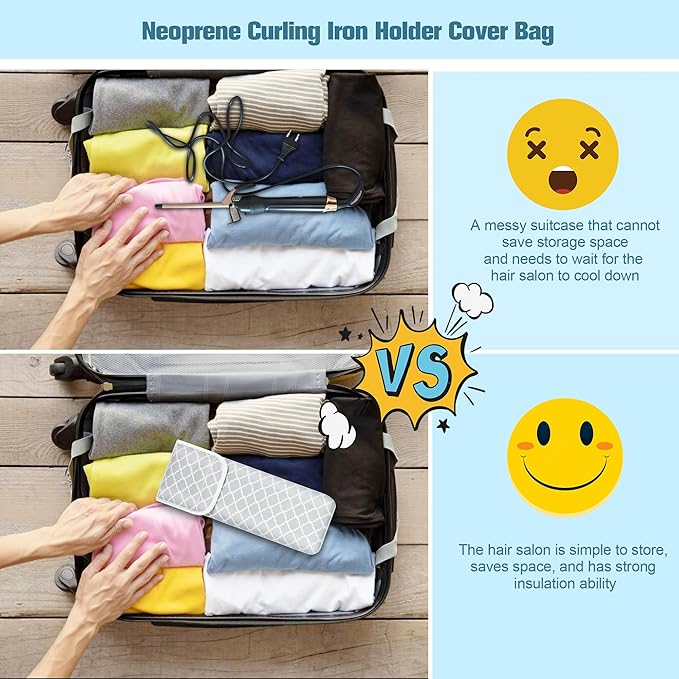 Women's Heat Resistant Neoprene Curling Iron Holder Flat Iron Curling Wand Travel Storage Cover Case Bag Pouch -Water-Resistant (Grey-1)