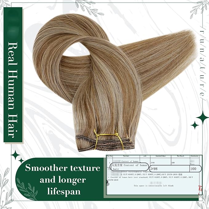RUNATURE Blonde Human Hair Clip-in Extensions 20 Inch Real Human Hair Dark Blonde Highlight Hair Extensions Remy Hair Extensions Double Weft Full Ends 50g 3pcs