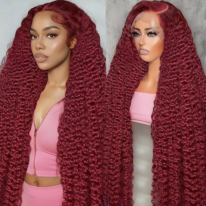 28 Inch 99J Burgundy Lace Front Wigs Human Hair Deep Wave 13x6 HD Lace Front Wigs Pre Plucked with Baby Hair Wet and Wavy Human Hair Wig 200% Density Deep Curly Frontal Wigs for Black Women