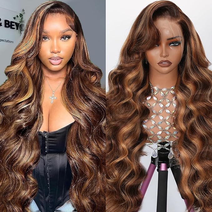 13x4 Full Lace Frontal Wig Highlight Ombre Honey Blonde Wig Human Hair Skinlike Swiss HD Lace Wig Pre plucked Bleached Knots with Natural Hairline 200% Density Glueless Body Wave Lace Front Wigs