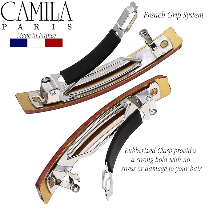 Camila Paris CP3031 French Hair Barrette Clip for Girls, Set of 2 Red Rubberized Metal Clasp Strong Hold Grip Hair Clips for Women, No Slip Durable Styling Girls Hair Accessories, Made in France