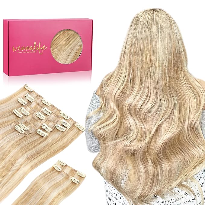 WENNALIFE Hair Extensions Clip In, 9pcs 20inch 150g Dirty Blonde Highlighted Bleach Blonde Thicker Clip In Hair Extensions Real Human Hair Remy hair extension Double Weft Clip in Human Hair Extensions