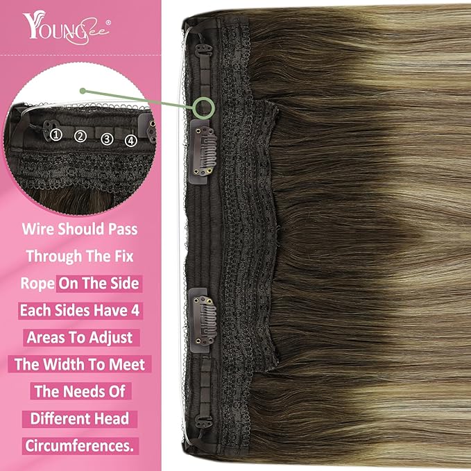 YoungSee 120G Wire Hair Extensions Ombre Invisible Wire Hair Extensions Real Human Hair Walnut Brown Headband Hair Extensions Balayage Light Brown with Blonde Remy Hair 16Inch