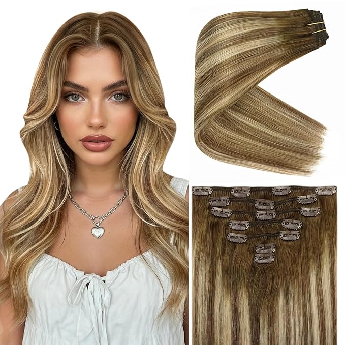 Ve Sunny Clip in Human Hair Extensions Balayage Clip on Hair Extensions Chestnut Brown with Blonde Ombre Clip in Extensions Human Hair Double Weft Remy Human Hair 18inch 7pcs 120g