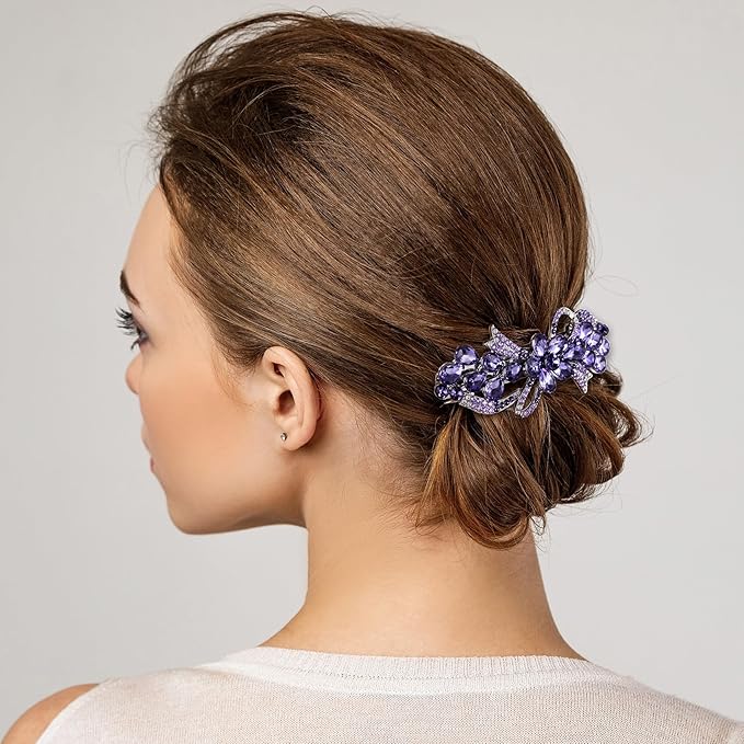 Joez Wonderful Rhinestone Hair Clip Sparkly Crystal Barrettes French Wedding Prom Engagement Pageant First Communion Hair Decorative Accessories for Women Long Hair (Bow Purple, 1 Pcs)