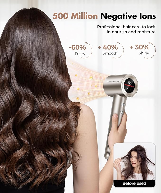 Cosy Companions Hair Dryer, 150000RPM High-Speed Hairdryer for Fast Drying, Low Noise, HD Display, 5 Temps & 2 Speeds, 500 Million Negative Ionic Blow Dryer, Gold