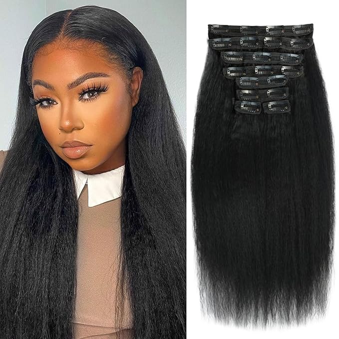 Kinky Straight Clip in Hair Extensions 14 Inch Human Hair Yaki Straight Clip ins Seamless Remy Human Hair Clip in Extensions for Women Natural Black 8Pcs 100g 20 Clips
