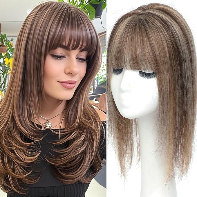 Hair Toppers for Women Real Human Hair, 360° 3D Human Hair Toppers for Women with Thinning Hair Upgrade Middle Part Clip in Bangs (P4/27(Big Coverage), 14 Inch-3D-Wispy)