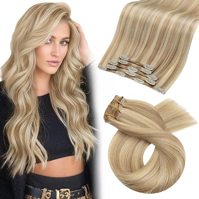 Moresoo Clip in Hair Extensions Blonde Highlights Remy Hair Extensions Clip ins Golden Blonde With Medium Blond Double Weft for Long And Straight 80g/5pcs 22 inch