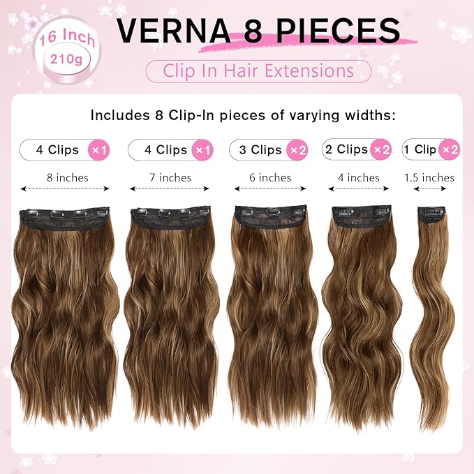 Hair Extensions for Women, 8PCS 16 Inch Curly Light Brown Clip in Hair Extensions Mix Blonde, Synthetic Wavy Full Head Thick Hairpieces for Women