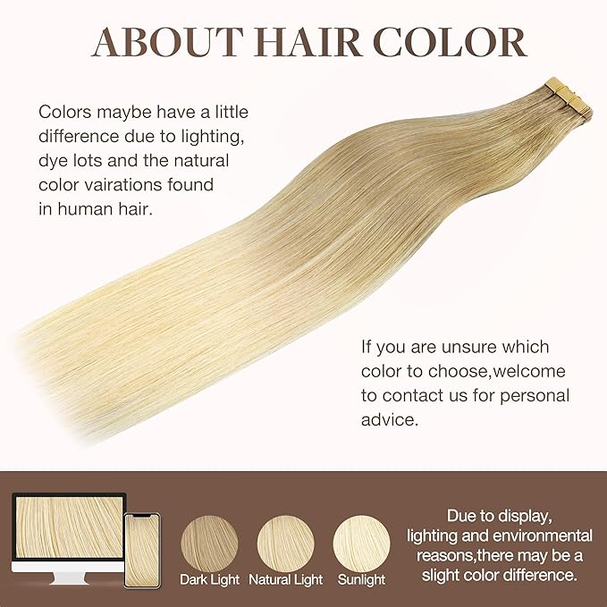GOO GOO Tape in Hair Extensions Human Hair, O7/60F Ombre Ash Blonde with Frosted Highlights, 20inch 50g 20pcs, Skin Weft Seamless Invisible, Silky Straight with Thick Ends, Remy Human Hair