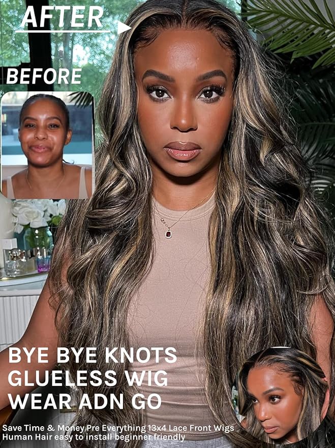 KLAIYI Bye Bye Knots Glueless Wig Human Hair 13x4 Balayage Highlight 3D Body Wave Precut Lace Front Wig with Baby Hair Black Mix Blonde Brown Pre Plucked Pre Bleached Knots Wig 30S Easy to Wear 24Inch