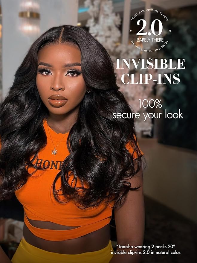 LUVME Invisible Clip in Hair Extensions,Body Wave 16 Inch 2 Pack 220g 12pcs Human Hair Invisible Clip ins Hair Extensions Natural Black Hair for Women