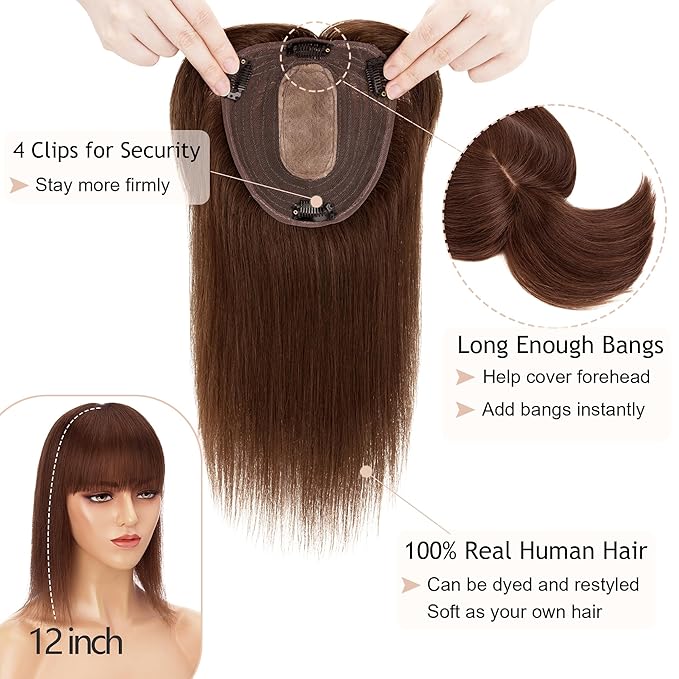 Hair Toppers for Women Real Human Hair With Bangs, 13 * 15 cm Larger Silk Base 150% Density Clip In Topper Hairpieces, Wiglet Top Pieces Add Volume -14 Inch 04 Medium Brown
