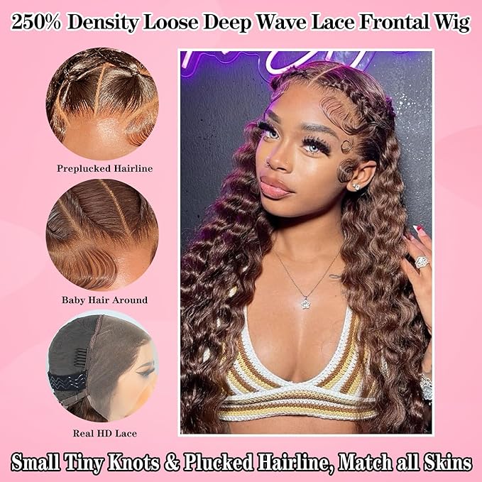 MEIMEI 250% Density HD Full Lace Front Wigs Human Hair Loose Deep Wave Chocolate Brown 32 Inch 15A Grade Real Full Large Lace Space Brown 13x4 Loose Wave Lace Frontal Wigs Human Hair Pre Plucked